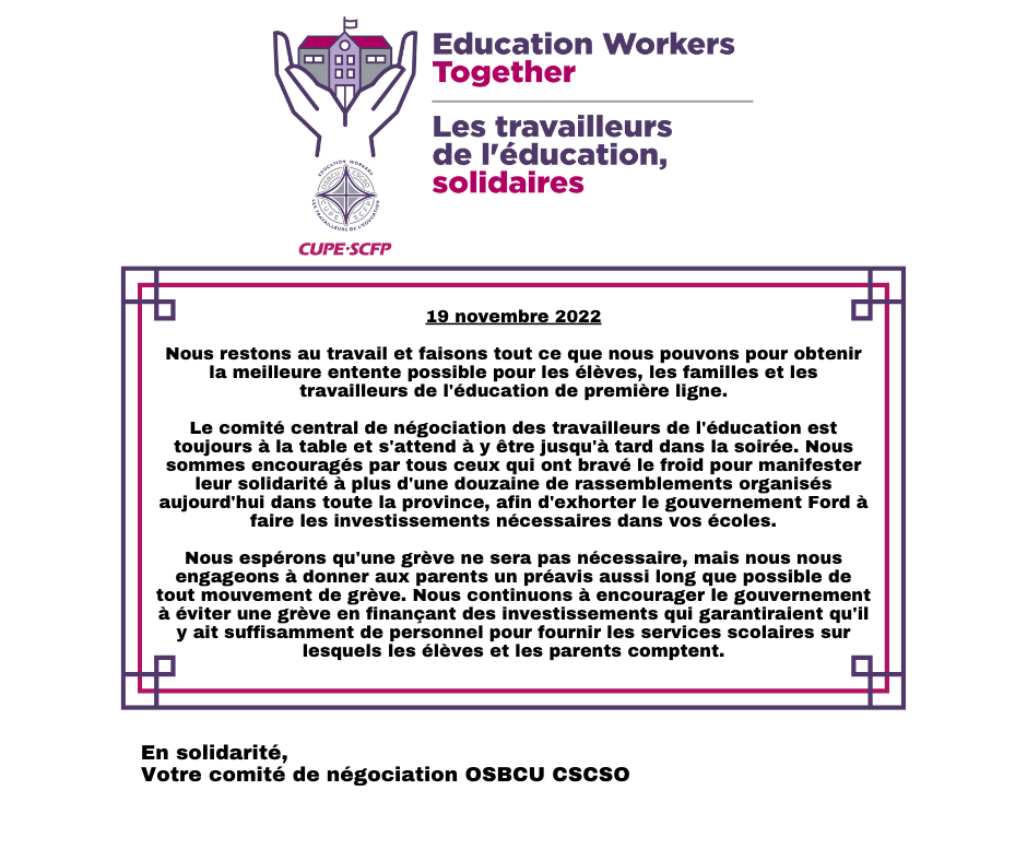 Une déclaration du comité central de négociation du Conseil des syndicats des conseils scolaires de l'Ontario (CSCSO) du SCFP :